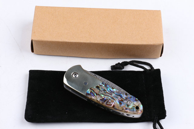 Damascus Small abalone pure copper folding knife UD403386